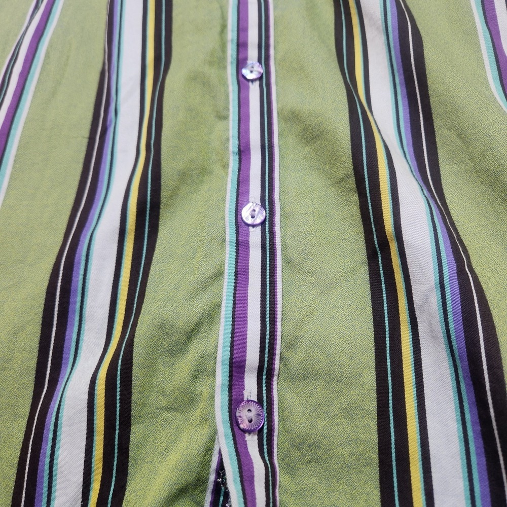 Robert Graham Mens Large Green Striped Button Up Shirt with Turn Cuffs - Picture 7 of 16